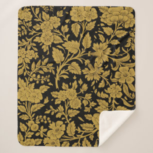 Cobertor Sherpa Padrão Preto Floral Ouro Antigo Trabalho a Lacagem