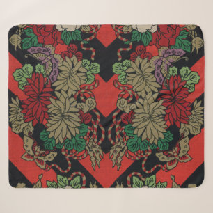 Cobertor Sherpa Padrão Preto Vermelho Peônia Floral Japonês Vintag
