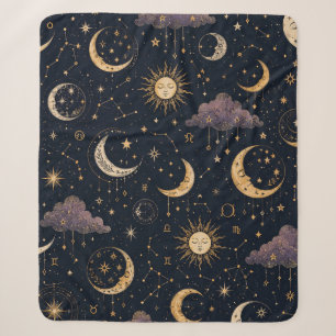 Cobertor Sherpa Padrão Sem Costura Astrologia Boho Lua & Estrelas 