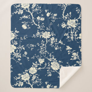Cobertor Sherpa Padrão Toile Floral Vintage Azul (11)