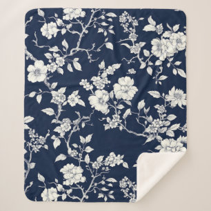 Cobertor Sherpa Padrão Toile Floral Vintage Azul (12)