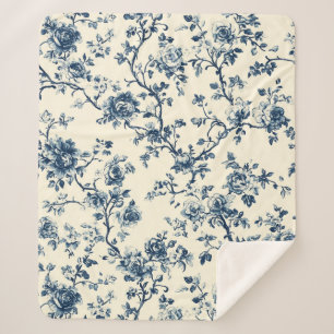 Cobertor Sherpa Padrão Toile Floral Vintage Azul (2)