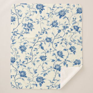 Cobertor Sherpa Padrão Toile Floral Vintage Azul (3)