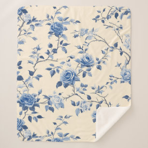 Cobertor Sherpa Padrão Toile Floral Vintage Azul (6)
