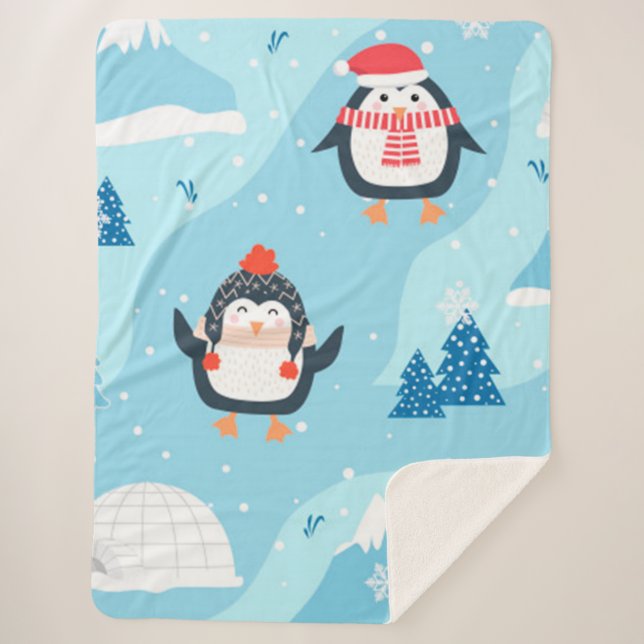 Cobertor Sherpa padrão uniforme de natal com pinguim (Frente)
