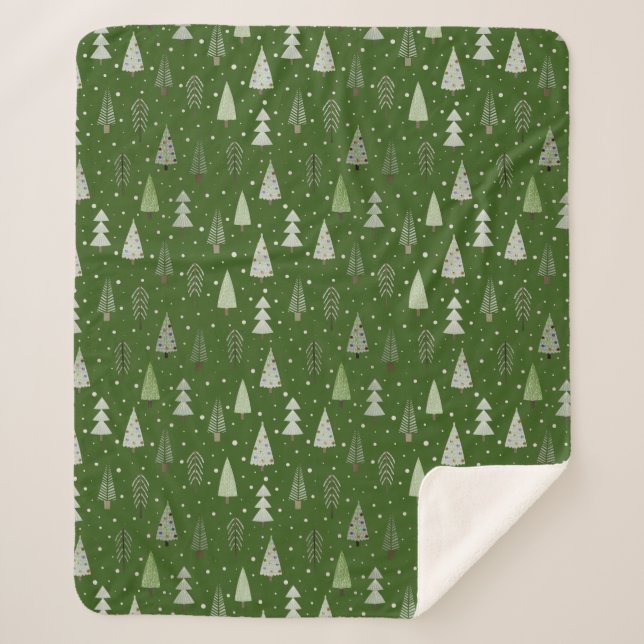 Cobertor Sherpa Padrão Verde Moderno das Árvores de Natal (Frente)