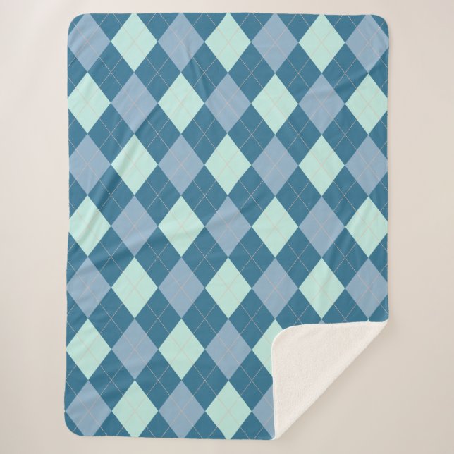 Cobertor Sherpa Padrão Vintage Argyle Azul (Frente)