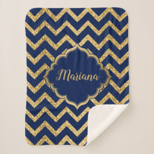 Cobertor Sherpa Padrão Zigzag Azul-Glitter Dourado