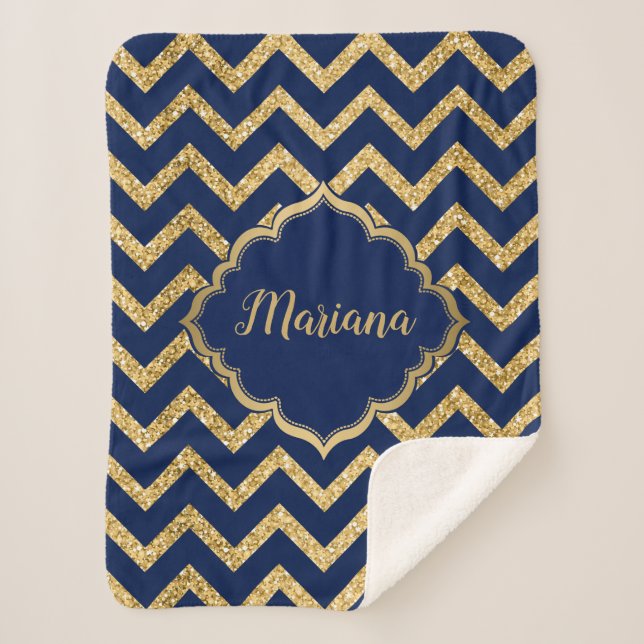Cobertor Sherpa Padrão Zigzag Azul-Glitter Dourado (Frente)