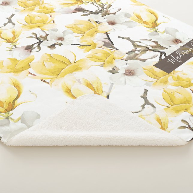Cobertor Sherpa Padrões de Aquarela Amarelo e Branco Magnolia Flor (3/4)