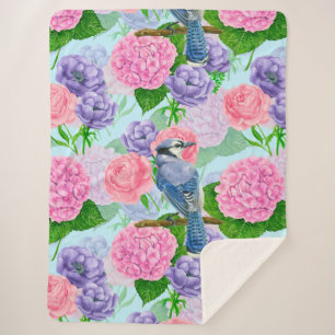 Cobertor Sherpa Padrões de cor da água do jay azul e flores