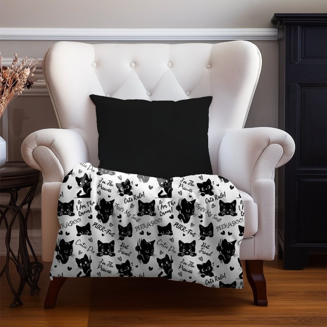 Cobertor Sherpa Padrões de Gatos Pretos e Ditos (Cute Black Cats and Sayings with Hearts Pattern  for Cat Lovers and Halloween Small Sherpa Blanket)