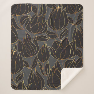 Cobertor Sherpa Padrões florais de tulipas de luxo preto e dourad