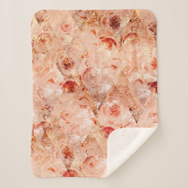 Cobertor Sherpa Padrões florais fortes. Fundo de coral. (Frente)