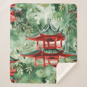 Cobertor Sherpa Pagoda Asiática de Aquarela na Paisagem Verdante (