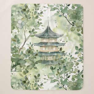 Cobertor Sherpa Pagoda Asiática de Aquarela na Paisagem Verdante (