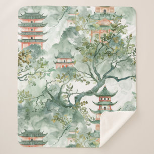 Cobertor Sherpa Pagoda Asiática de Aquarela na Paisagem Verdante (