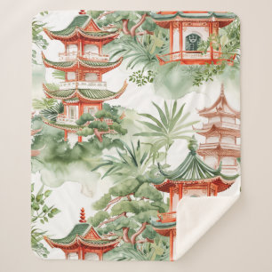 Cobertor Sherpa Pagoda Asiática de Aquarela na Paisagem Verdante (