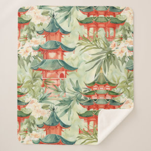 Cobertor Sherpa Pagoda Asiática de Aquarela na Paisagem Verdante (