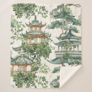 Cobertor Sherpa Pagoda Asiática de Aquarela na Paisagem Verdante (