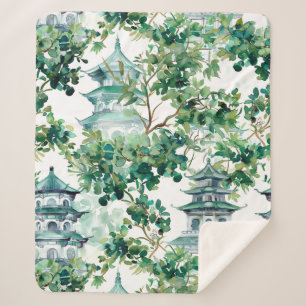 Cobertor Sherpa Pagoda Asiática de Aquarela na Paisagem Verdante (