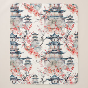 Cobertor Sherpa Pagoda Chinesa Aquarela com Flores de Cereja (4)
