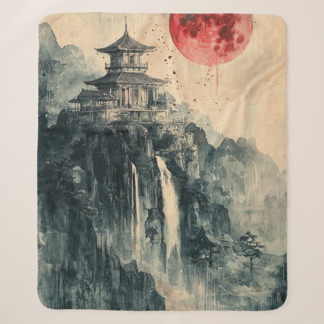 Cobertor Sherpa Pagode da Lua de Sangue Lavagem de Tinta (Frente)