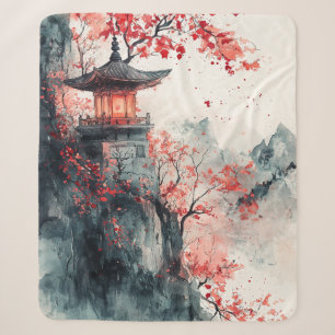 Cobertor Sherpa Pagode da Sakura Carmesim Aquarela