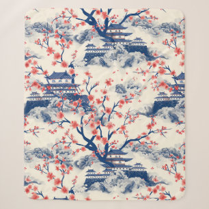 Cobertor Sherpa Pagode Japonesa Flor de Cerejeira Azul Creme