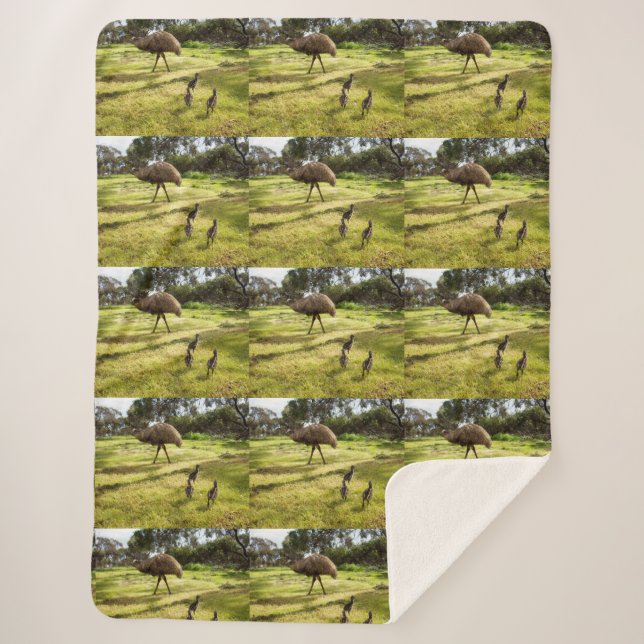 Cobertor Sherpa Pai Emu Com Seus Pintinhos, (Frente)