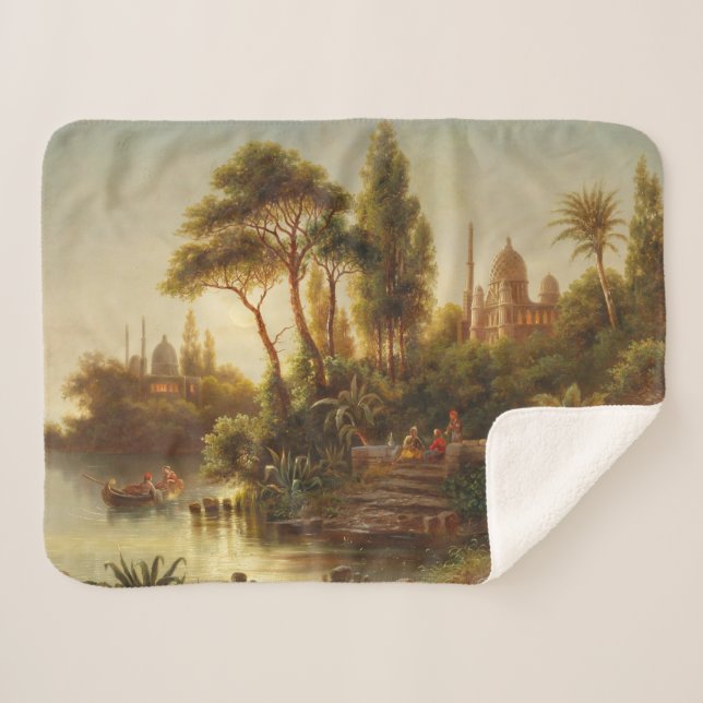 Cobertor Sherpa Paisagem Asiática na Luz da Noite (Arte Sunset) (Frente (Horizontal))