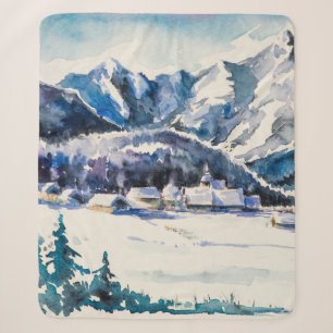 Cobertor Sherpa Paisagem de inverno com aldeia de montanha coberta