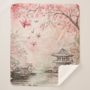 Cobertor Sherpa Paisagem Serena de Flor de Cerejeira Rosa (6)