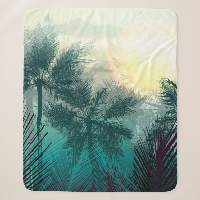 Cobertor Sherpa Paisagem tropical com palmeiras e folhas (Frente)