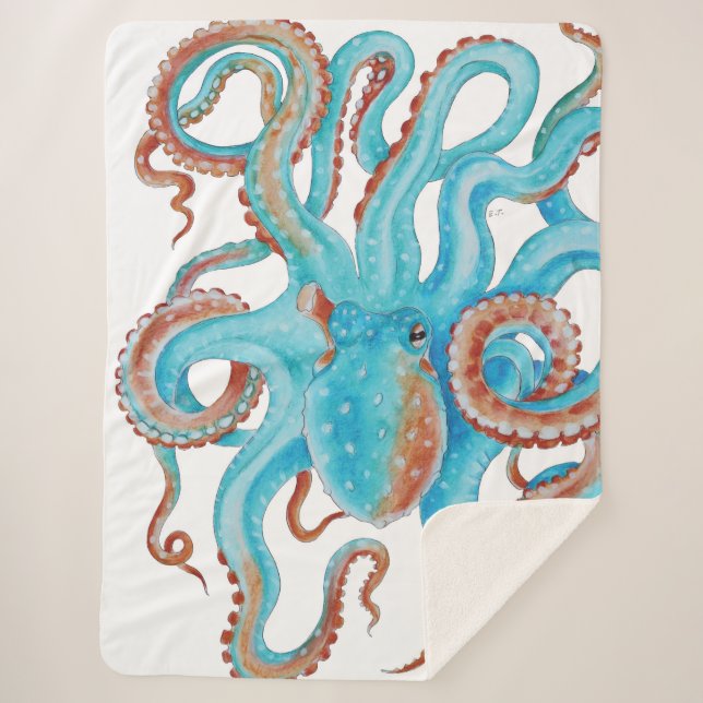 Cobertor Sherpa Pálida Azul Octopus Aquarela (Frente)