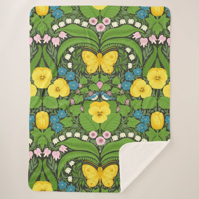 Cobertor Sherpa Pancas, aves e borboletas amarelas (Frente)