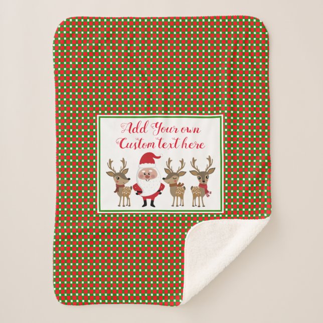 Cobertor Sherpa Papai Noel de Xadrez de Natal Rena Adicione Texto  (Frente)