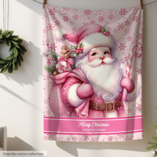 Cobertor Sherpa Papais noeis cor-de-rosa Meninas em branco Feriado (Pink Santa Blanket Girls Personalized Holiday Cozy)