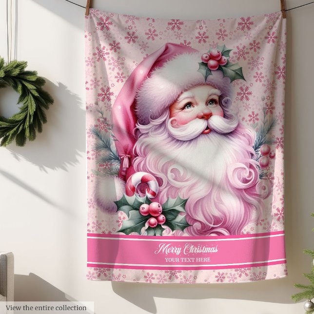 Cobertor Sherpa Papais noeis Rosa Personalizados Raparigas em Bran (Personalized Pink Santa Blanket Girls Christmas)