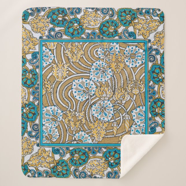 Cobertor Sherpa papel de parede de flores azul-de-art-nouveau (Frente)