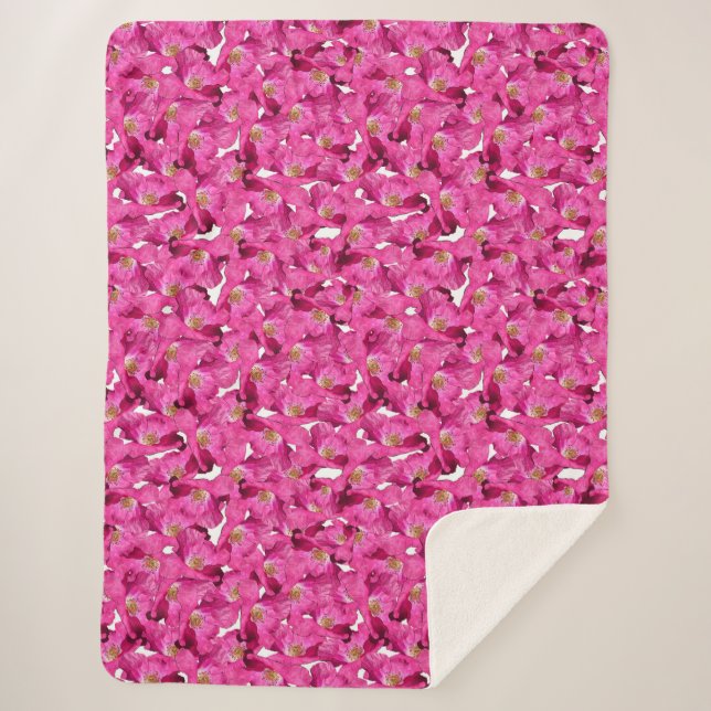 Cobertor Sherpa Papoila Floral padrão rosa. (Frente)