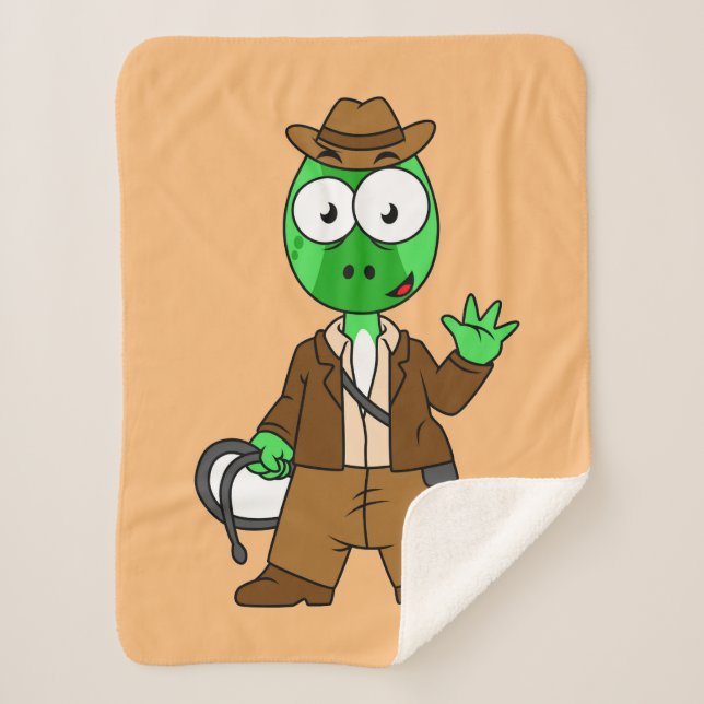 Cobertor Sherpa Parasaurolophus Vestido Como Indiana Jones. (Frente)