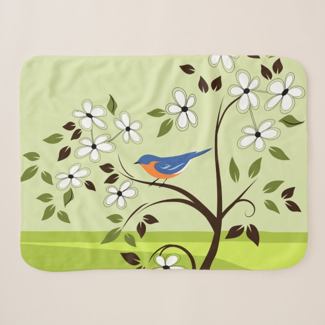 Cobertor Sherpa Pássaro Bluebird Oriental Na Árvore Flor (Frente (Horizontal))
