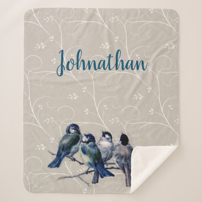 Cobertor Sherpa Pássaros Azuis em uma Ramificação (Frente)