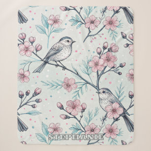 Cobertor Sherpa Pássaros Azul-turquesa Elegantes Flores de Cerejei