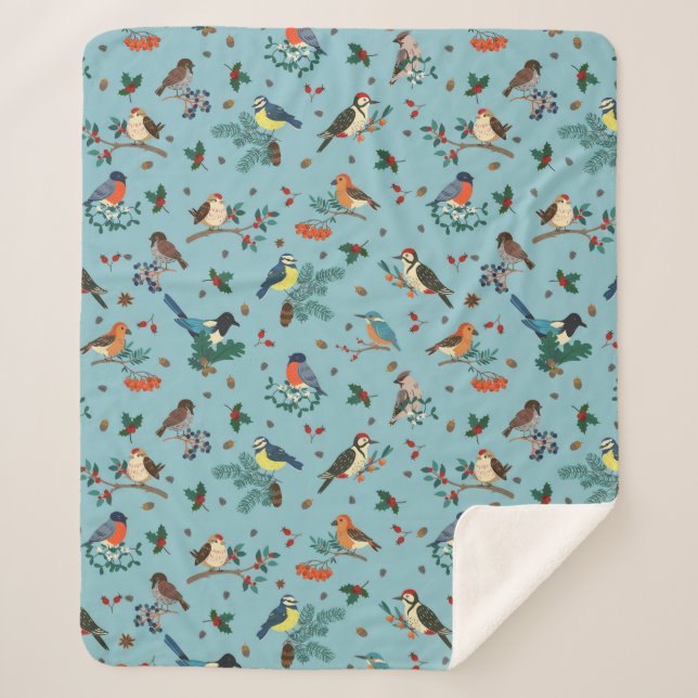 Cobertor Sherpa Pássaros de inverno Festivos Padrão de Natal (Frente)