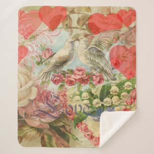 Cobertor Sherpa Pássaros do Amor Vintage Antigo Coração