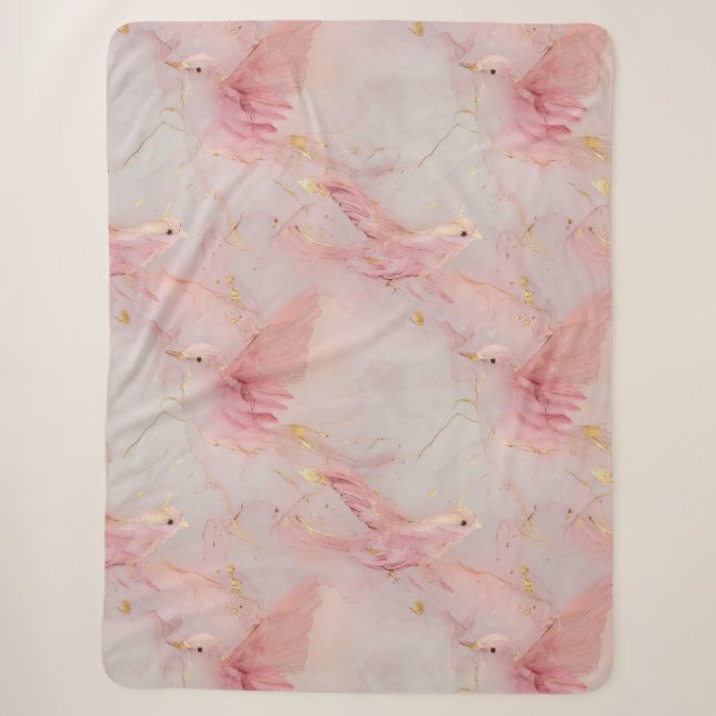 Cobertor Sherpa Pássaros Rosa Bege Dourado   (Frente)