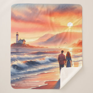 Cobertor Sherpa Passeio Romântico pelo Farol do Pôr do Sol na Cost