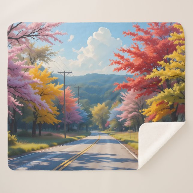 Cobertor Sherpa Pastel Autumn Country Road Watercolor (Frente (Horizontal))